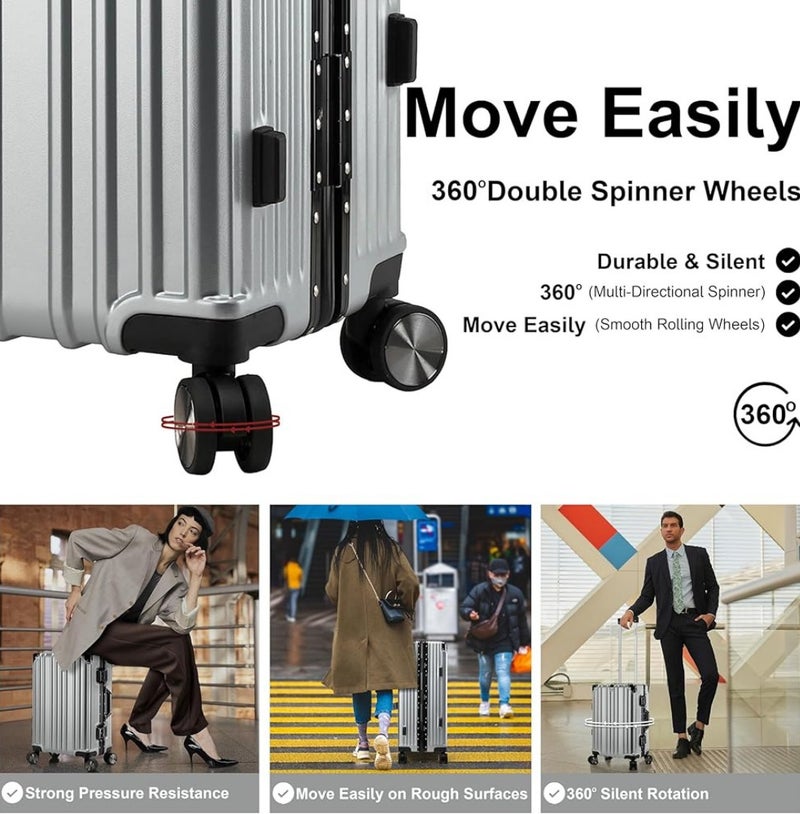 POGAGO Lightweight Aluminum Frame Polycarbonate Hard Case Luggage Set | 3-Piece Trolley Suitcase (20/24/28 Inch) | Silver Checked Luggage with 360° Double Spinner Wheels - Image 4